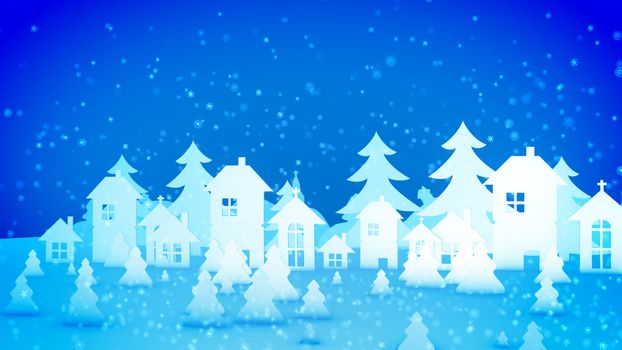 Cheery 3d illustration of Christmas paper houses and fir trees standing under heavy snow storm from lovely snowflakes. They create the mood of celebration, fun and fest.
