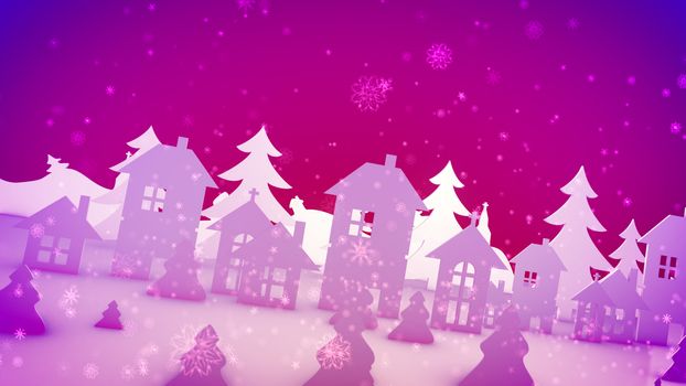 Cheery 3d illustration of Christmas paper houses with windows and chimneys for Santa Claus and pine trees under falling snowflakes in the pink background. They look funny.