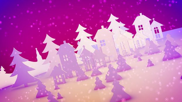 Childish 3d illustration of Christmas paper houses with windows and chimneys for Santa Claus and pine trees placed aslant under cheery snowflakes in the rosy background.