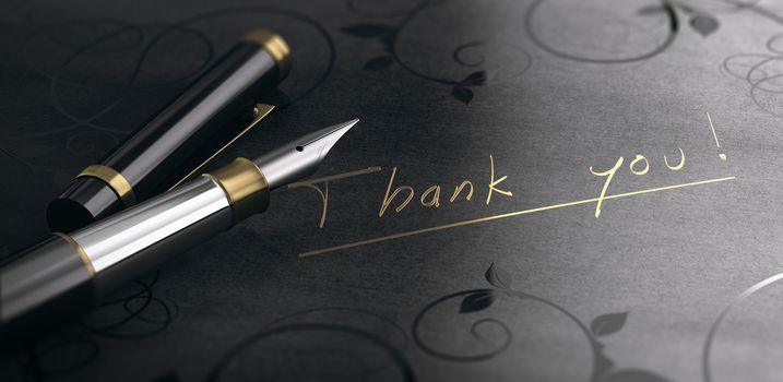 3D illustration of a gratidude message over black background. Thank you written in golden letters.