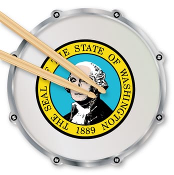 Washington state seal snare drum batter head with tuning screws and with drumsticks over a white background