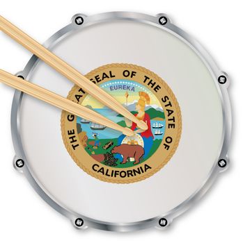 California state seal snare drum batter head with tuning screws and with drumsticks over a white background