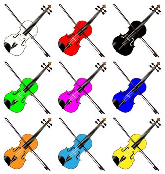 A group of mult coloured fiddles all over a white background