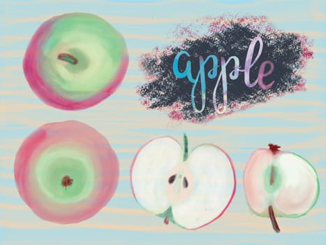 Hand-drawn Watercolor illustration set with sliced apples clipart.