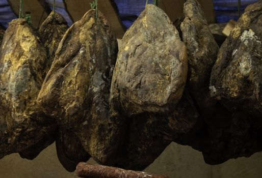 Cured jabugo ham hung in butchery, food and nutrition