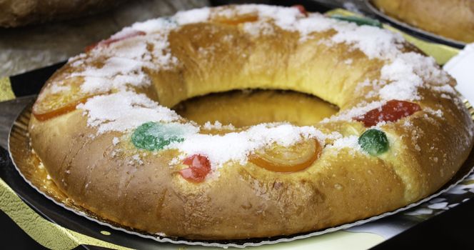 Dessert cream christmas typical spain with fruits, donut and meringue