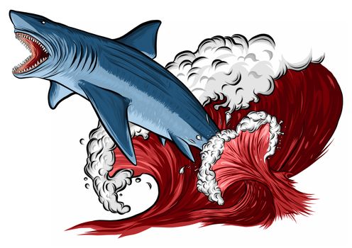 Shark jump with open mouth in the sea. Shark isolation on a white background. Flat  illustration