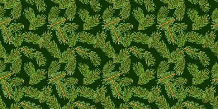 Fir tree branches seamless pattern, pine branch, Christmas conifer isolated on green background, New Year winter pattern