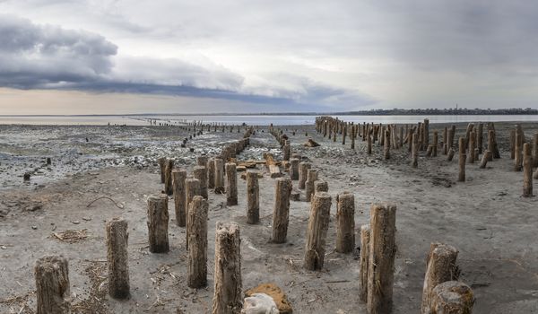 Storm clouds over the Kuyalnik Salty drying estuary in Odessa, Ukraine