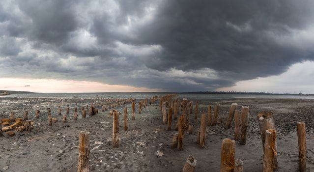 Storm clouds over the Kuyalnik Salty drying estuary in Odessa, Ukraine