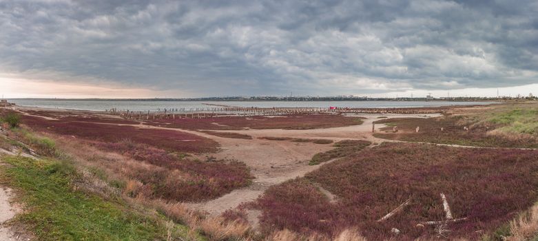 Storm clouds over the Kuyalnik Salty drying estuary in Odessa, Ukraine