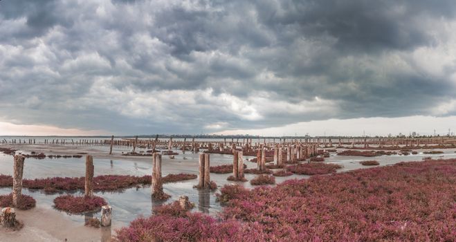 Storm clouds over the Kuyalnik Salty drying estuary in Odessa, Ukraine