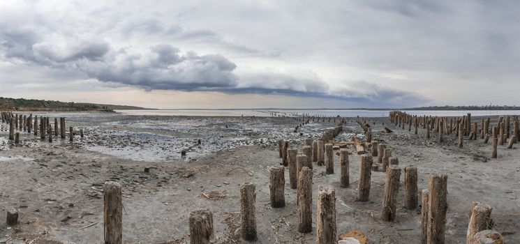 Storm clouds over the Kuyalnik Salty drying estuary in Odessa, Ukraine