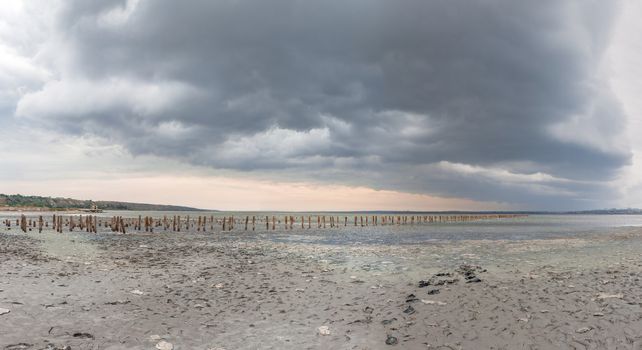 Storm clouds over the Kuyalnik Salty drying estuary in Odessa, Ukraine