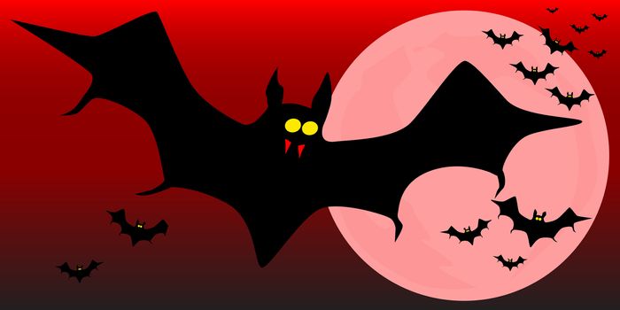 Vampire bats flying across the moon against a dark red sky