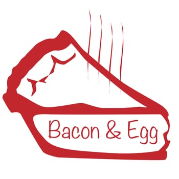 Cartoon depiction of a hot bacon and egg pie slice over a white background