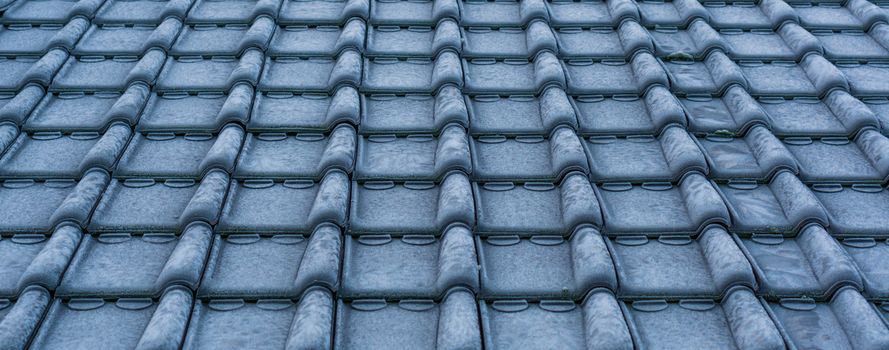 pattern of frozen rooftop tiling in macro closeup, cold winter season, architecture background