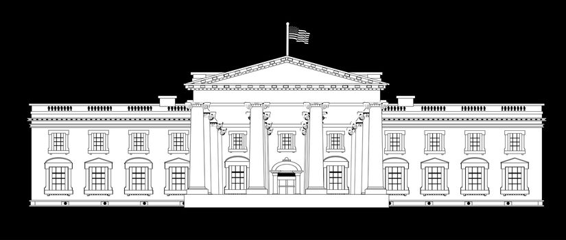 Depiction of the White House home to the United States President over a black background