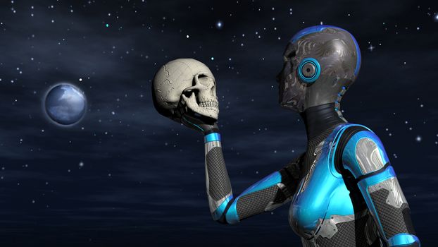 Illustration of futuristic Female Android in Space holding human skull - 3d rendering
