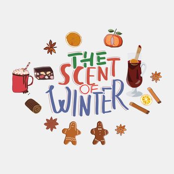 The scent of winter lettering illustration with doodle elements.