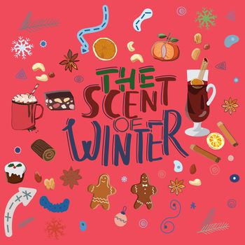 The scent of winter lettering illustration with doodle elements.