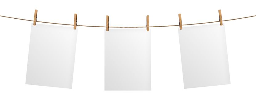 Empty paper sheet hanging on rope, isolated on white background, mock up for your project presentation, poster template
