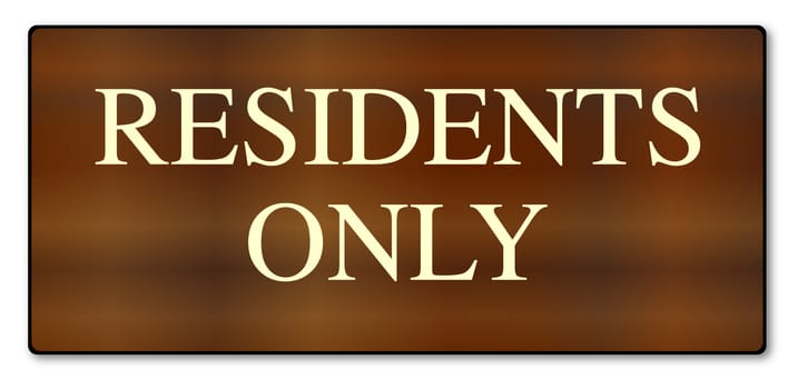 A wooden residents only sign over a white background