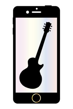 A generic mobile phone with a guitar on the screen over a white background