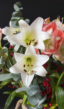 bouquet of flowers with white lily and red amaryllis and red bellies on a black background