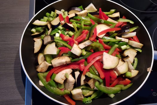 Grilled vegetables in a cast iron grill pan, top view