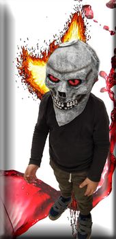 Child with Halloween mask, isolated background with fire and blood spatter