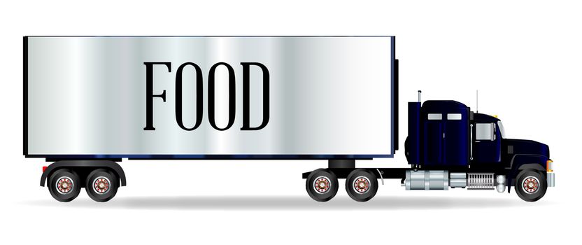 The front end of a large lorry over a white background with food inscription