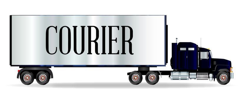 The front end of a large lorry over a white background with Courier inscription