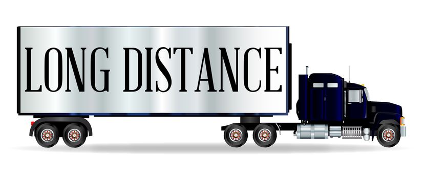 The front end of a large lorry over a white background with Long Distance inscription