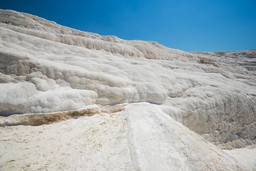 Panoramic view of Pammukale near modern city Denizli, Turkey. One of famous tourists place in Turkey.