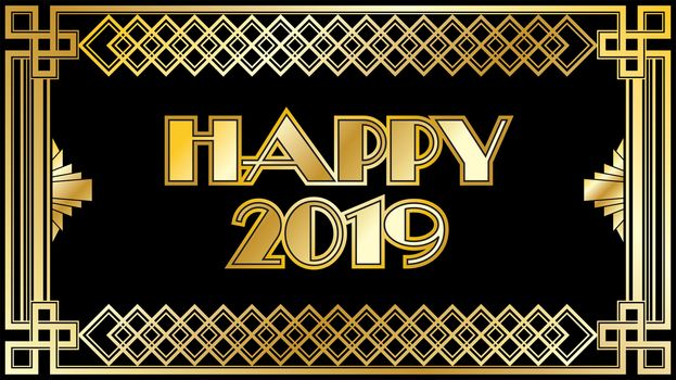 2019 New Years Countdown clock with black and gold background pattern