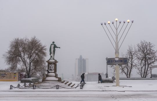 Odessa, Ukraine - 12.10.2018. Snowy winter morning on Primorsky Boulevard in Odessa, Ukraine. Panoramic view