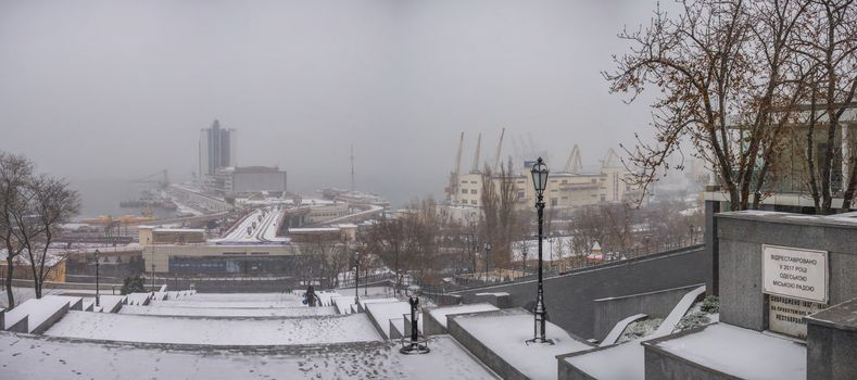 Odessa, Ukraine - 12.10.2018. Snowy winter morning on Primorsky Boulevard in Odessa, Ukraine. Panoramic view