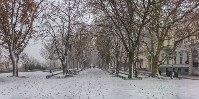 Odessa, Ukraine - 12.10.2018. Snowy winter morning on Primorsky Boulevard in Odessa, Ukraine. Panoramic view