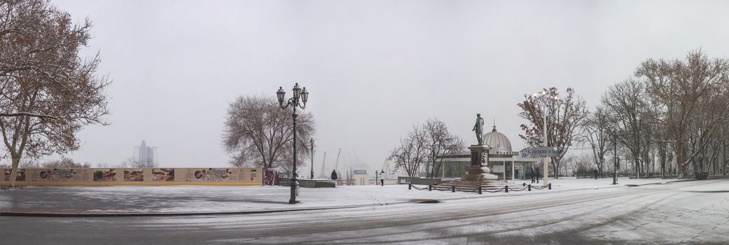 Odessa, Ukraine - 12.10.2018. Snowy winter morning on Primorsky Boulevard in Odessa, Ukraine. Panoramic view