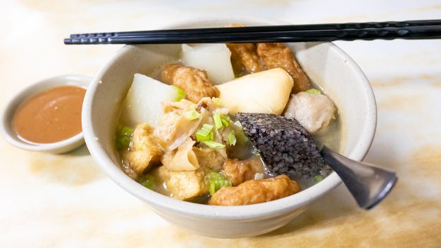 The close up of Taiwan tempura soup (Taiwanese food style) in Taipei, Taiwan.