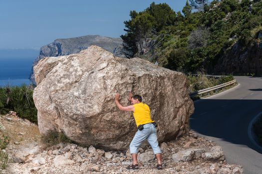 Road impassable by a landslide, on the coastal road from Andratx to Soller on Mallorca, Spain in Europe.