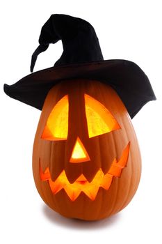 Jack O Lantern Halloween pumpkin with witches hat isolated on white background