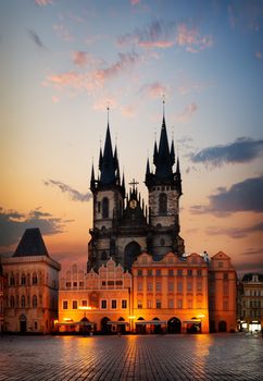 Tynsky temple on Old Town square in Prague at dawn