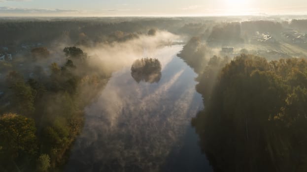 Morning smoke on the water Ulbroka lake Aerial drone top view Latvia