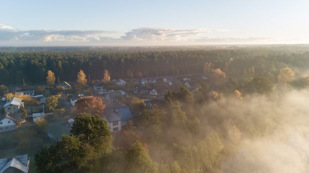 Morning smoke on the water Ulbroka lake Aerial drone top view Latvia