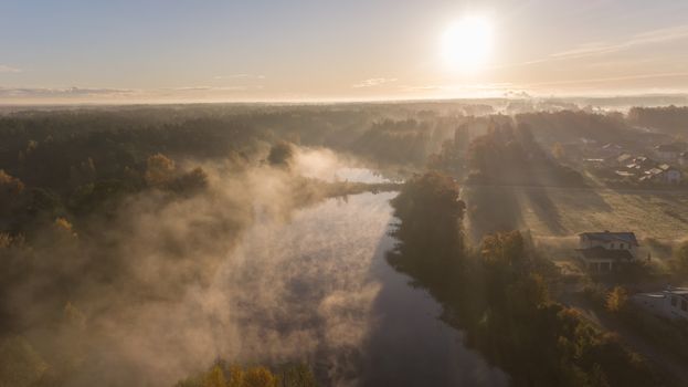 Morning smoke on the water Ulbroka lake Aerial drone top view Latvia