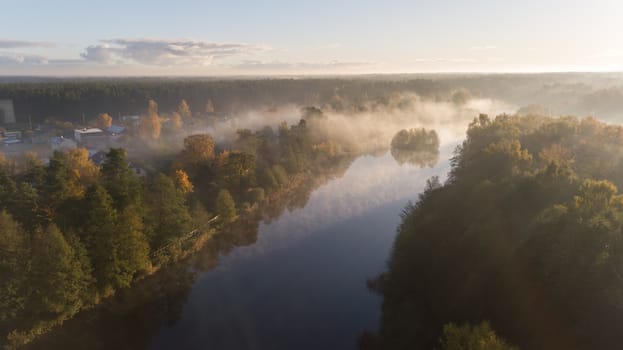 Morning smoke on the water Ulbroka lake Aerial drone top view Latvia