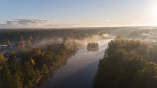 Morning smoke on the water Ulbroka lake Aerial drone top view Latvia