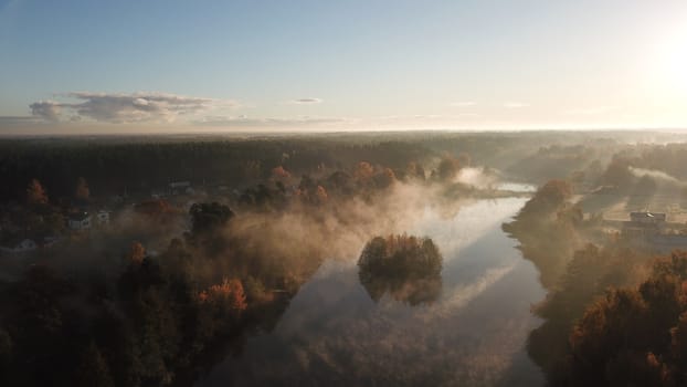 Morning smoke on the water Ulbroka lake Aerial drone top view Latvia